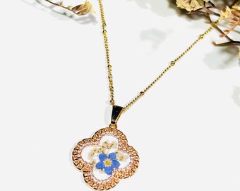 Real Forget Me Not Flower Pendant Necklace, Resin Four-Leaf Clover Pendant, Memorial Jewelry Gift, Gift for Her
