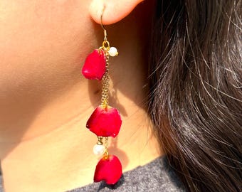 Real Red Rose Petal Flower Earrings, Gold Chain Pearl Earrings, Bridal Earrings, Romantic Floral Jewelry, Gift for her