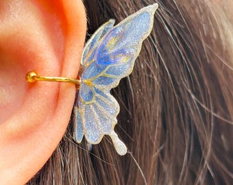 Blue Glitter Resin Butterfly Ear Cuff, Handmade Butterfly Wing Jewelry, Fairy Earrings For Her