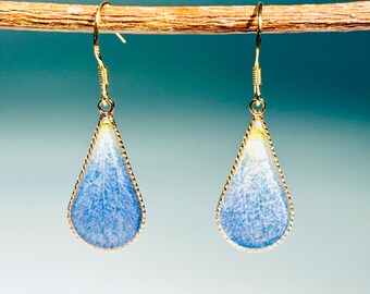 Blue Hydrangea Petal Earrings, Gold Dangle Earrings, Teardrop Resin Flower Jewelry, Gift For Her
