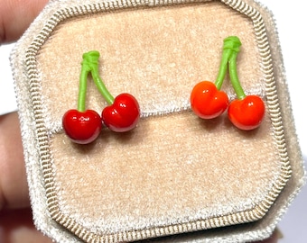 Mini Twin Cherry Earrings, Resin Clay Studs, Handmade Wire Wrapped Fruit Jewelry, Gift for Girls