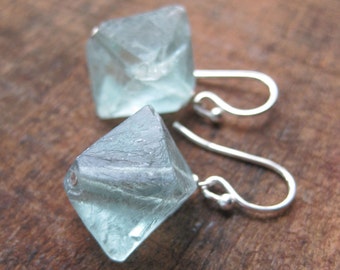 mint green FLUORITE natural octahedron rough crystal sterling  sea foam green earrings