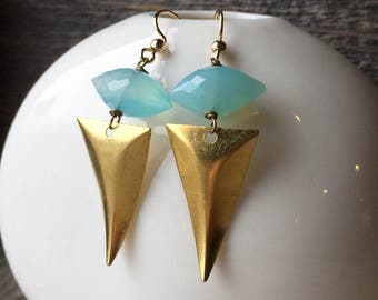 brass triangle and aqua faceted chalcedony earrings