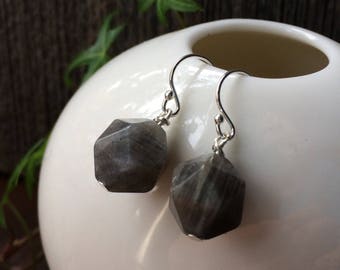 LABRADORITE grey with blue flash  sterling earrings sacred geometry