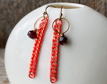 Modern GARNET and neon coral chain dangle earrings