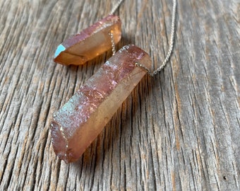 iridescent SEAPUNK terra-cotta orange quartz double crystal point sterling necklace