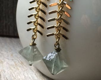 Mint green FLUORITE octahedron crystal goldtone fishbone chain earrings
