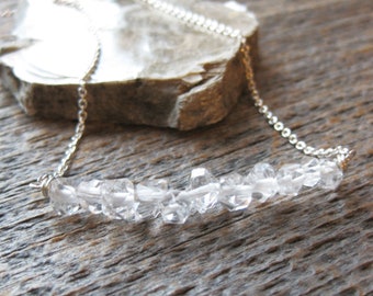 tiny herkimer diamond bar necklace, delicate natural crystal sterling silver necklace