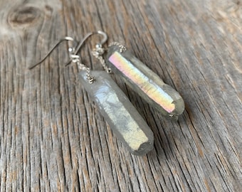 Iridescent crystal point silver chain statement  earrings