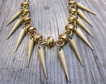 Bold SPIKES vintage brass chain necklace