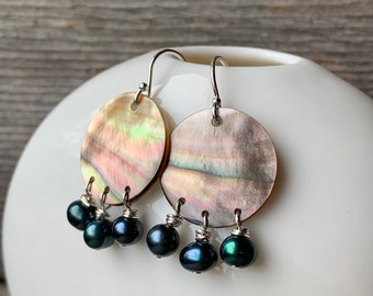 MOON drops mother of pearl and teal blue pearl fringe sterling silver earrings