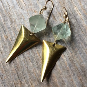 Brass Triangle and Pale Seafoam Green Natural Fluorite Crystal Earrings