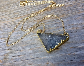 Triancle grey gray necklace DRUSY crystal gold filled necklace