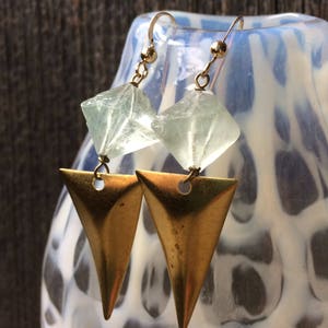 Brass Triangle and Pale Seafoam Green Natural Fluorite Crystal Earrings
