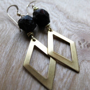 brass diamond cutout and natural GARNET crystal earrings image 4
