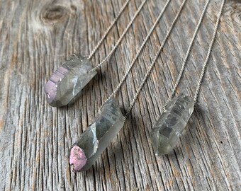 iridescent SEAPUNK grey quartz crystal point sterling necklace