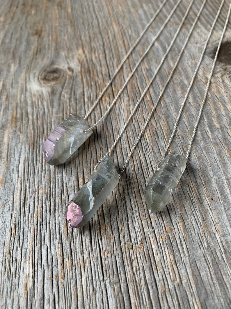 iridescent SEAPUNK grey quartz crystal point sterling necklace image 1