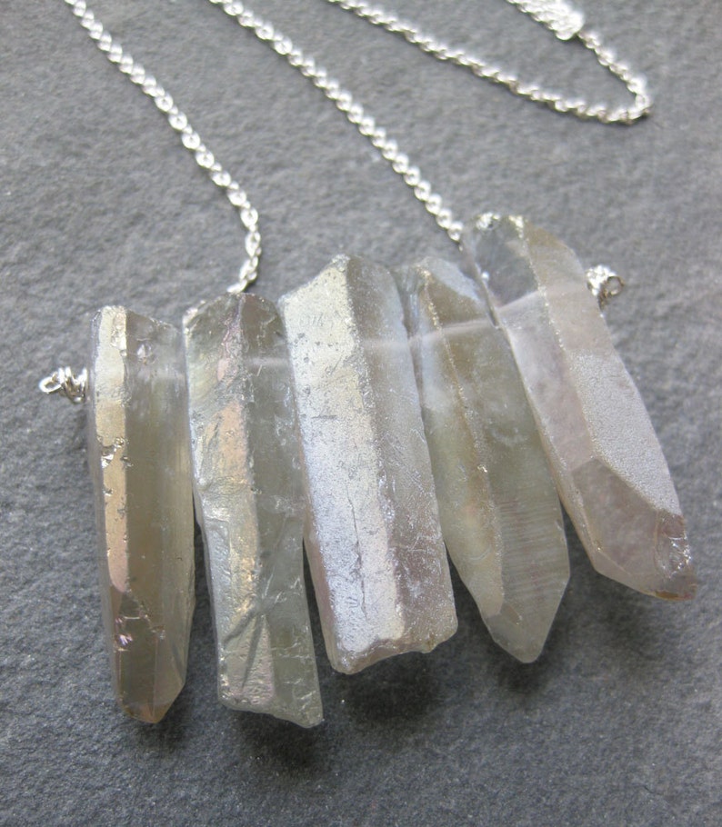 iridescent SEAPUNK grey quartz crystal points sterling necklace image 3
