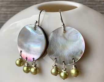 MOON drops mother of pearl and green pearl fringe sterling silver earrings