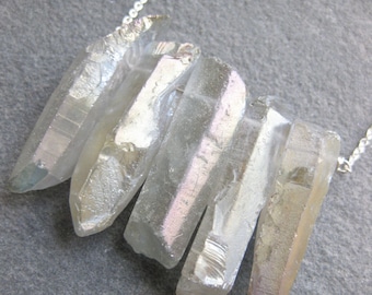 iridescent SEAPUNK grey quartz crystal points sterling necklace