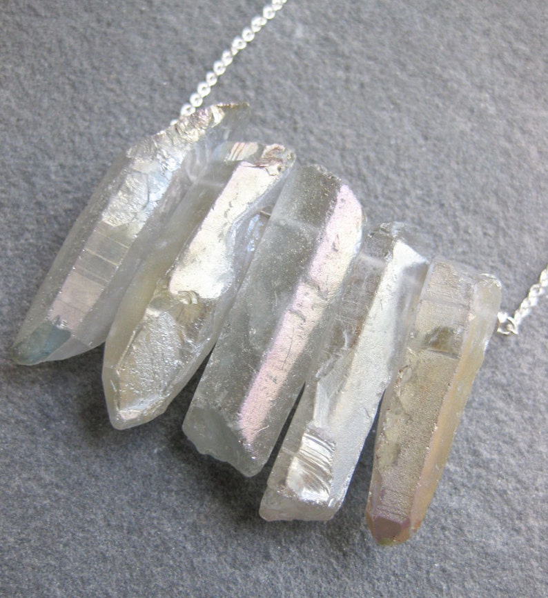 iridescent SEAPUNK grey quartz crystal points sterling necklace image 1