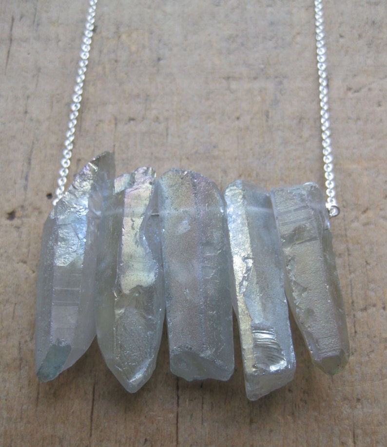 iridescent SEAPUNK grey quartz crystal points sterling necklace image 2
