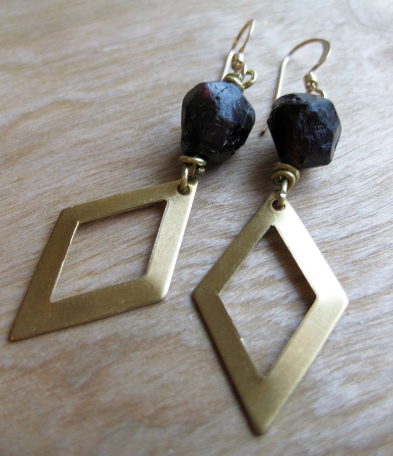 brass diamond cutout and natural GARNET crystal earrings image 2