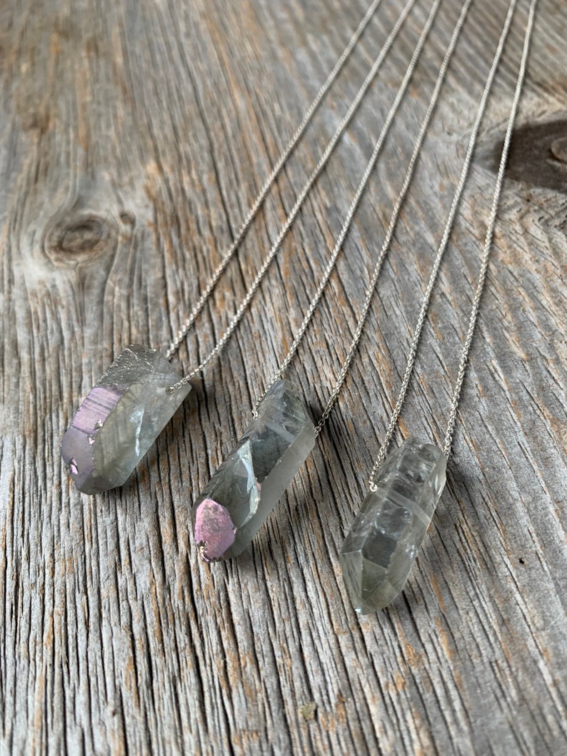 iridescent SEAPUNK grey quartz crystal point sterling necklace image 2