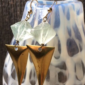 Brass Triangle and Pale Seafoam Green Natural Fluorite Crystal Earrings