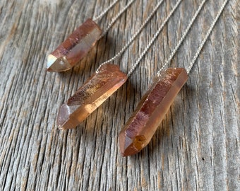 iridescent SEAPUNK terra-cotta orange quartz crystal point sterling necklace