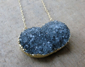 large grey druzy oval necklace DRUSY crystal gold filled necklace