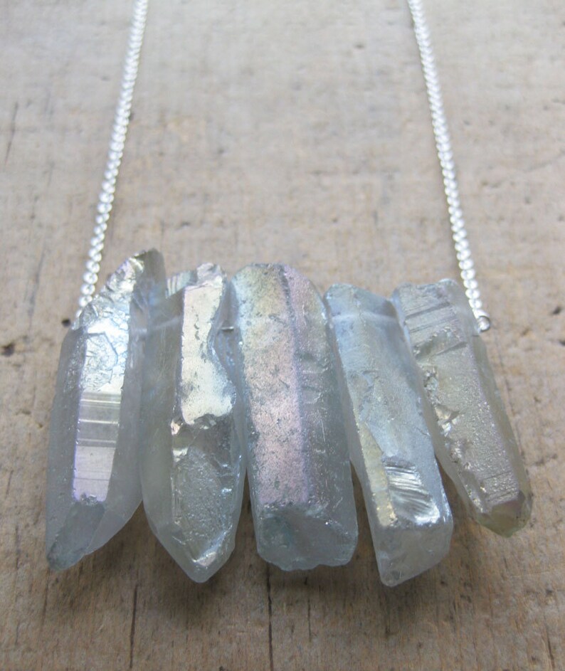 iridescent SEAPUNK grey quartz crystal points sterling necklace image 4