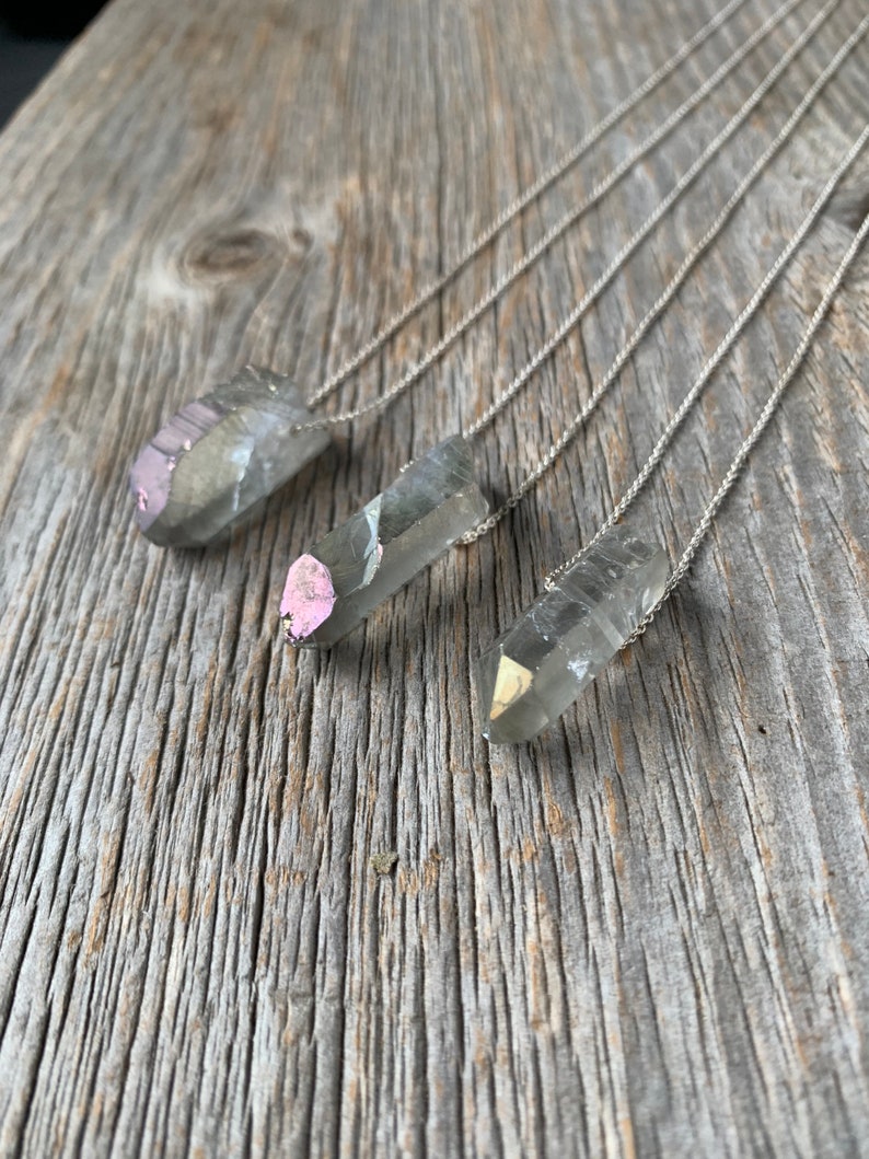 iridescent SEAPUNK grey quartz crystal point sterling necklace image 4