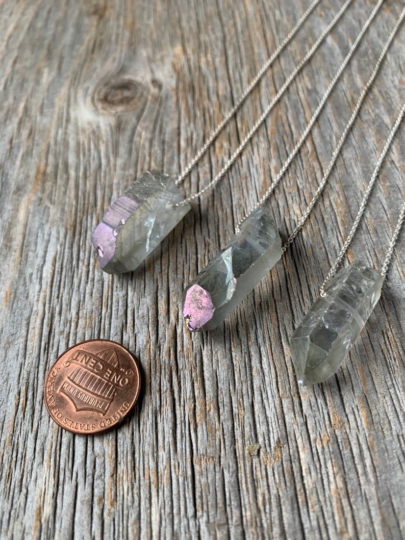 iridescent SEAPUNK grey quartz crystal point sterling necklace image 3