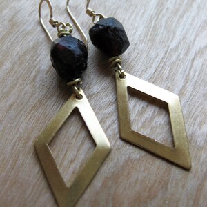 brass diamond cutout and natural GARNET crystal earrings image 1