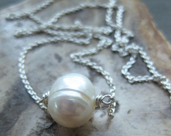 single large white FRESHWATER PEARL bridesmaids sterling silver necklace