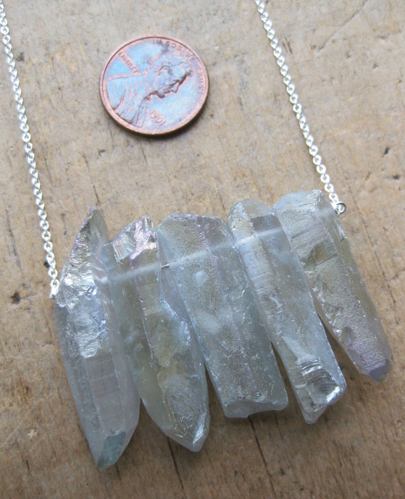 iridescent SEAPUNK grey quartz crystal points sterling necklace image 5