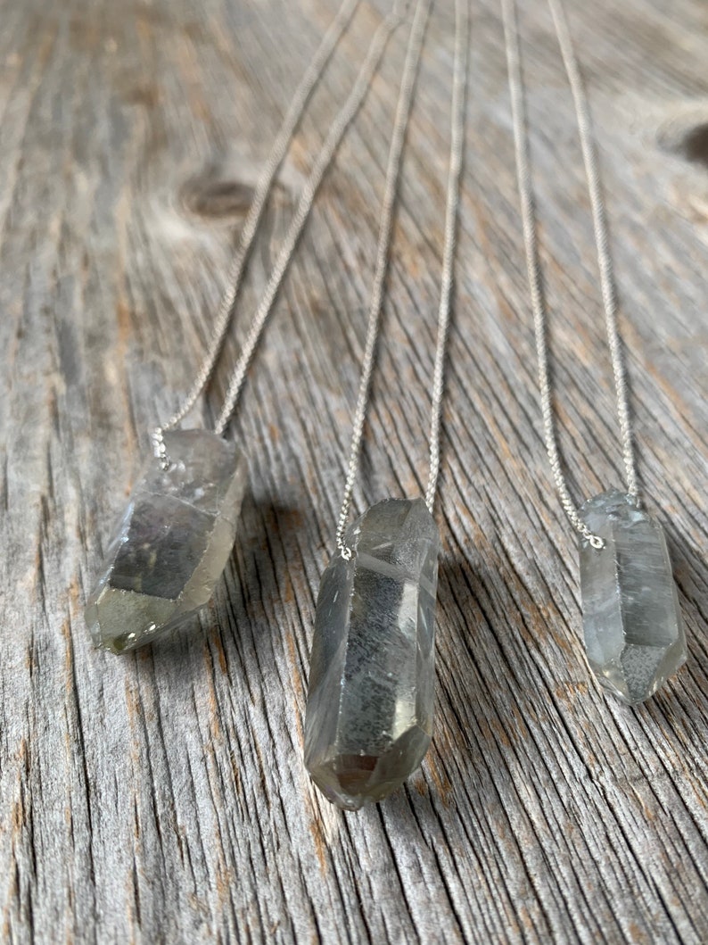 iridescent SEAPUNK grey quartz crystal point sterling necklace image 5