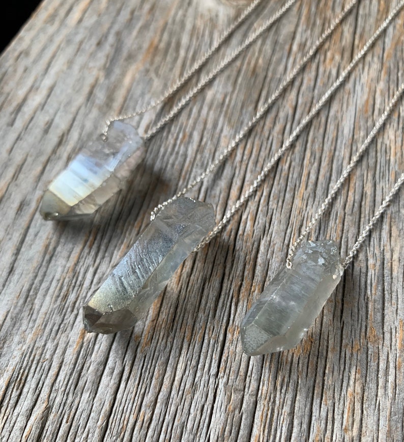 iridescent SEAPUNK grey quartz crystal point sterling necklace image 6