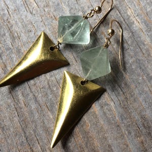 Brass Triangle and Pale Seafoam Green Natural Fluorite Crystal Earrings