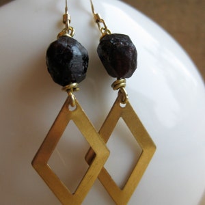 brass diamond cutout and natural GARNET crystal earrings image 5