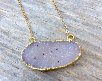 large palest grey white druzy oval necklace iridescent DRUSY crystal gold filled necklace