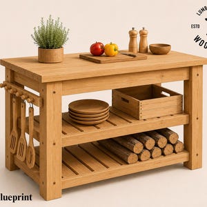 Peut inclure: Îlot de cuisine en bois brun clair avec deux étagères, une surface supérieure et un porte-ustensiles. L'îlot comprend une petite caisse en bois, une pile d'assiettes et un fagot de bûches sur les étagères. La surface supérieure contient une plante, des fruits et une planche à découper. Le texte "DIY Blueprint" est en bas.