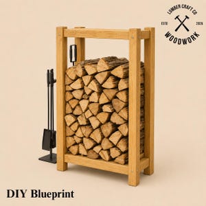 May include: A rectangular light brown wooden firewood rack filled with stacked split logs. A black metal fireplace tool set stands to the left. The text "LUMBER CRAFT CO ESTD 2026 WOODWORK" appears in the top right, and "DIY Blueprint" is at the bottom.