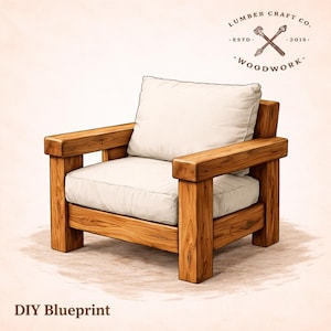 May include: A wooden armchair with a white cushion and pillow. The chair is made of light brown wood and has a sturdy, blocky design. The text "Lumber Craft Co. Woodwork" and "DIY Blueprint" are also visible.