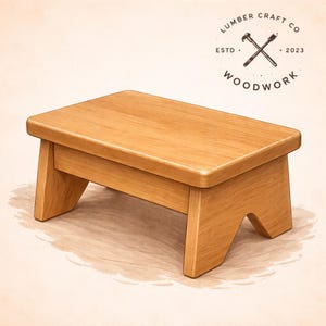 May include: A small, handcrafted wooden step stool with a natural finish. The stool has a rectangular top and four angled legs. The Lumber Craft Co. logo is visible in the upper right corner, with the text "Woodwork" and "Est. 2023".