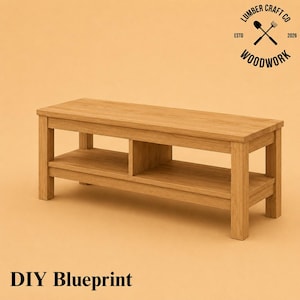 May include: A light brown wooden bench with a rectangular top and a lower shelf divided into two sections. The text "LUMBER CRAFT CO ESTD 2026 WOODWORK" with a shovel and rake icon appears in the corner, and "DIY Blueprint" is at the bottom.