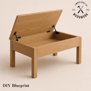 May include: A light brown wooden coffee table with a hinged top, revealing an open storage space. The table has four square legs and a rectangular shape. The Lumber Craft Co. logo is in the upper right corner, and the text "DIY Blueprint" is at the bottom.