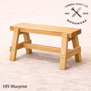 May include: A light-colored wooden bench with a rectangular seat and angled legs. The bench is constructed with visible joinery and features the text "Lumber Craft Co Woodwork" and "DIY Blueprint".