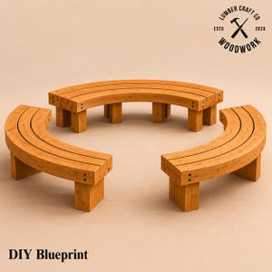 Può includere: Un set di panche in legno curve, disposte a semicerchio. Le panche sono realizzate in legno chiaro e hanno un design a doghe. L'immagine include il testo "DIY Blueprint" e un logo che dice "Lumber Craft Co. Woodwork".